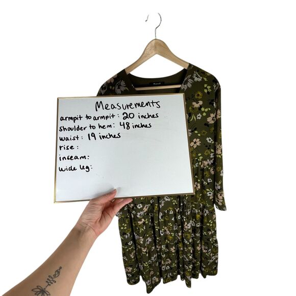 Madewell Floral Cinch-Waist Tiered Midi Dress Sz M Olive Green Wildblooms - Picture 11 of 12